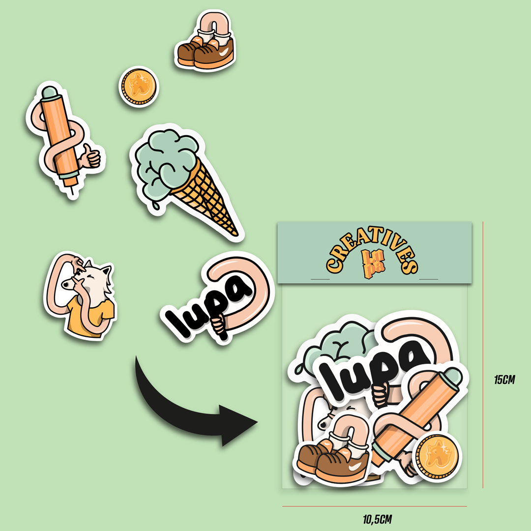Mockup of a complete custom Sticker Pack with stickers, clear bag and cardboard header
