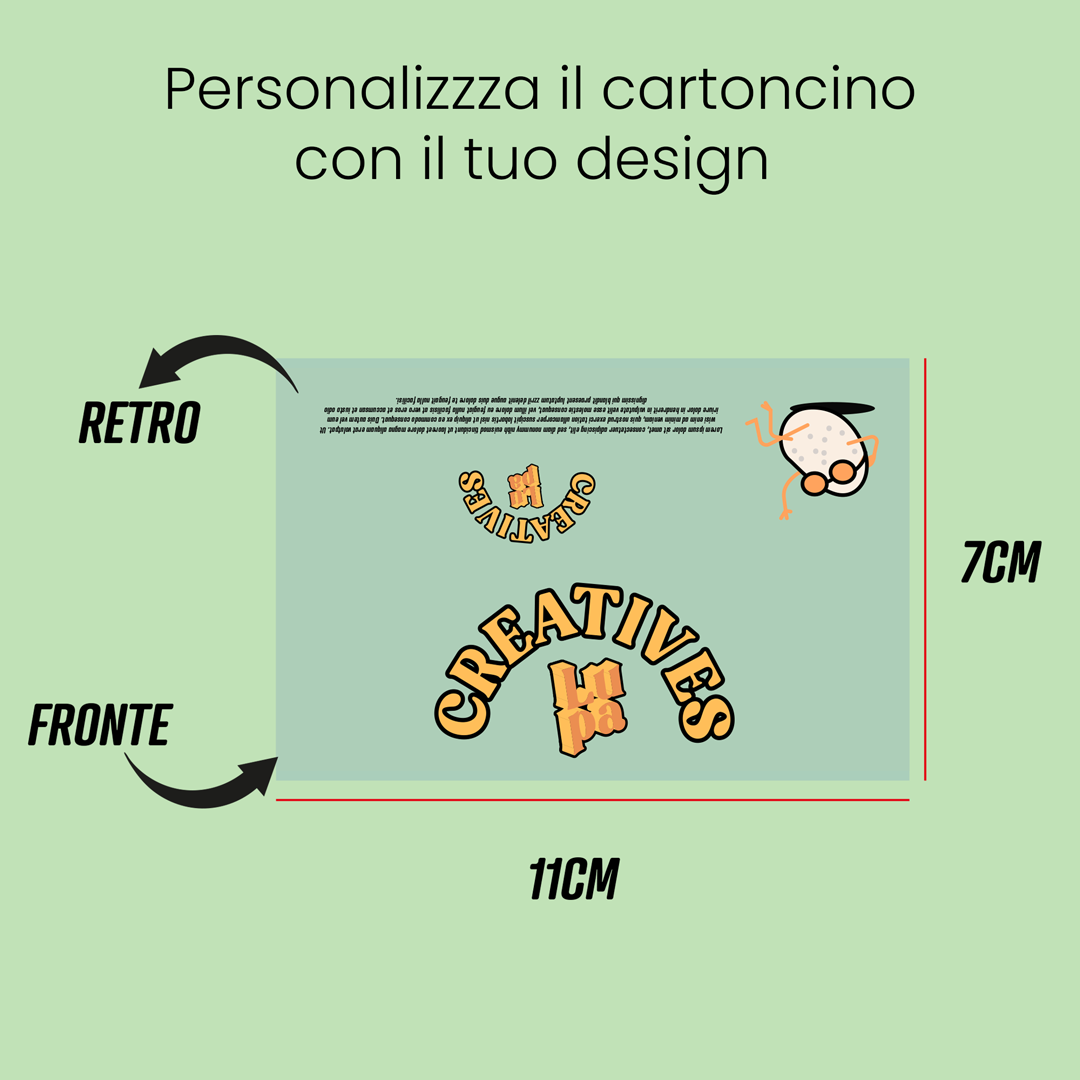 Mockup of the flat 11 by 7 centimetre custom cardboard header, front and back